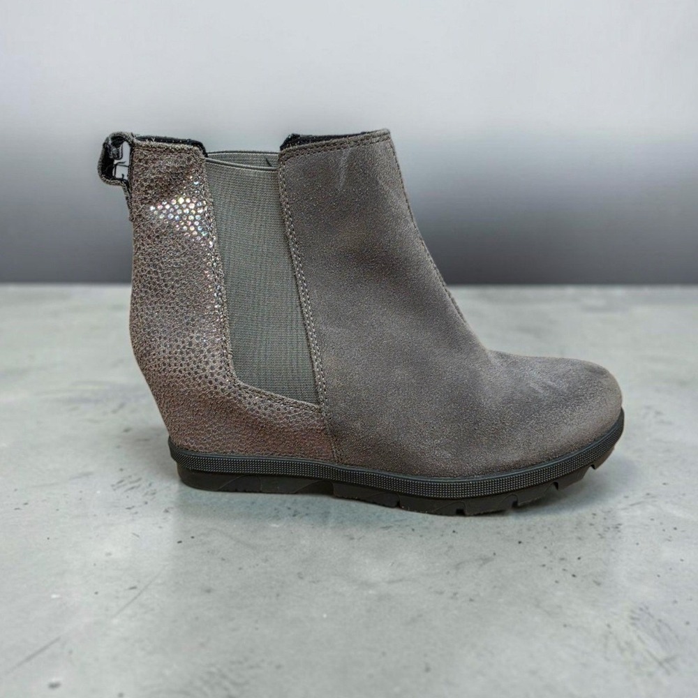 Sorel Evie Chelsea Wedge Boots Quarry Grey Suede Metallic Leather NY4559-052 5